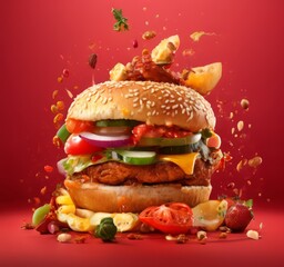 hamburger with lot ingredients falling out it