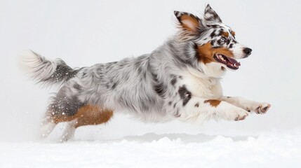 Wall Mural - A playful dog leaps through the snow, showcasing its energy and joy in a winter landscape.