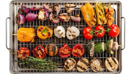 Top view of fresh herb grilled vegetables with barbecue sauce on grill being grilled. Delicious freshly made food.