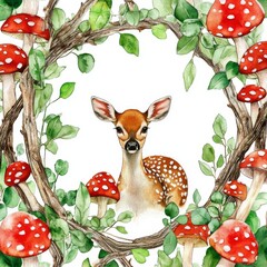 Canvas Print - A watercolor seamless pattern featuring mushrooms, deer, and other plants.