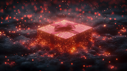 Wall Mural - Gift box red digital. Video game or mobile game asset, with red ribbon, glowing particles. Gift chest installed in the dark glowing environment 