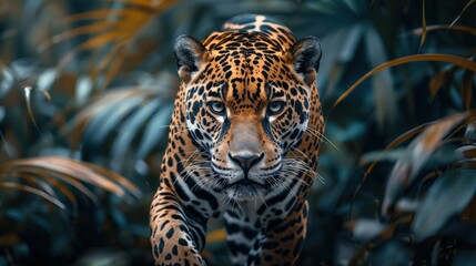 a dramatic shot of a jaguar prowling through the dense jungle, with intense eyes and detailed fur, f