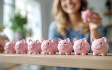 Financial Planning Happiness - Woman Carefully Arranging Pink Piggy Banks in Stylish Living Room Setting