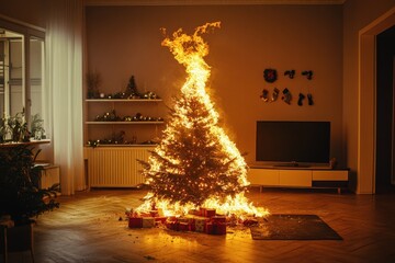 A Christmas tree engulfed in flames in a festive living room, surrounded by wrapped presents. The fire spreads through the decorated tree, creating a hazardous and chaotic scene.