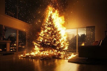 Wall Mural - A Christmas tree engulfed in flames in a festive living room, surrounded by wrapped presents. The fire spreads through the decorated tree, creating a hazardous and chaotic scene.