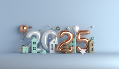 Wall Mural - Happy new year 2025 decoration background with balloon, firework rocket, gift box, house, copy space text, 3D rendering illustration