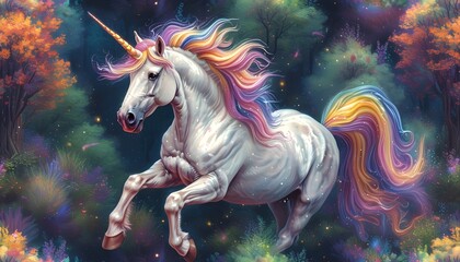 Wall Mural - Enchanted unicorns galloping through a dreamy forest, showcasing magical auras and ethereal beauty in a seamless pattern of vibrant elegance