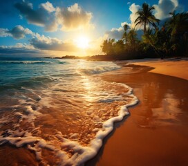 Wall Mural - beach with waves and palm trees