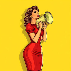 Full-length portrait of a beautiful woman holding a loudspeaker, standing against a bright yellow background with space for text, styled in pop art fashion.
