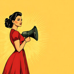 Full-length portrait of a beautiful woman holding a loudspeaker, standing against a bright yellow background with space for text, styled in pop art fashion.
