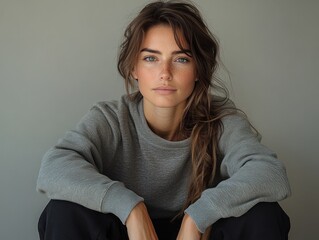 Poster - Portrait of a woman with brown hair, wearing a gray sweater