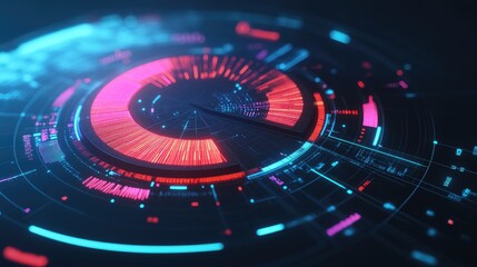 Poster - Futuristic 3D pie chart with glowing neon segments, hovering over a dark digital background. Ideal for tech and business data visualization.