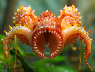 A large orange octopus with a mouth wide open. The image has a creepy and unsettling mood