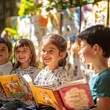 © Muhawaii - Smiling children reading books outdoors in a garden setting.