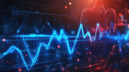 Poster - Futuristic heart rate wave with glowing blue lines and digital health indicators, representing modern medical technology and heart health monitoring.