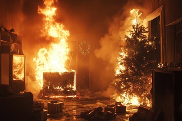 A Christmas tree engulfed in flames in a festive living room, surrounded by wrapped presents. The fire spreads through the decorated tree, creating a hazardous and chaotic scene.