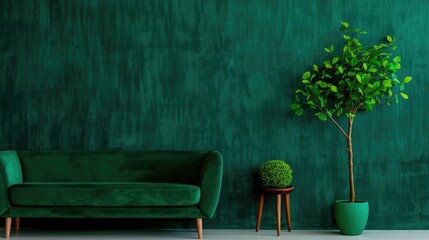 Wall Mural - A green couch and a potted plant sit in front of a green wall