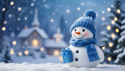 A cute snowman wearing a blue scarf and hat, is holding a small gift box in a snowy winter landscape with blurred Christmas lights in the background.