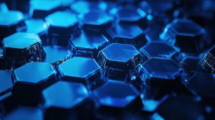 Poster - Abstract blue technology hexagonal background. Generative AI.