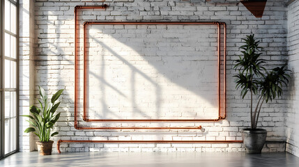 Modern Industrial Interior with Copper Piping Geometric Frame and Edgy Shadows on White Brick Wall