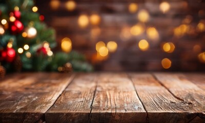 christmas tree and wooden table with blurred bo