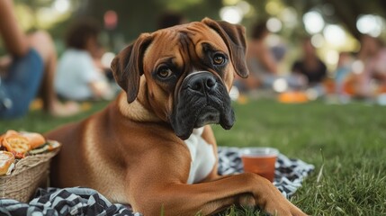 Poster - A relaxed dog lounging on a picnic blanket amidst a gathering of people in a park.