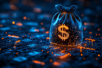 Poster - Light money bag with a dollar symbol, protected by a shield, set against a dark blue background with binary code and wireframe plexus, symbolizing secure financial deposits.
