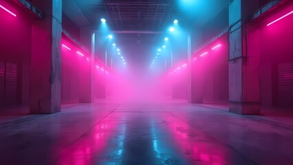 Industrial Venue with Neon Magenta and Cyan Lasers Reflecting on Glossy Surfaces in Dense Fog