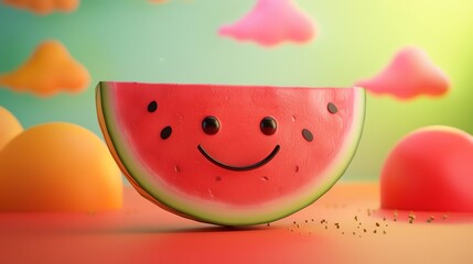 Poster - A cartoon watermelon slice with a smiley face in front of colorful floating shapes.