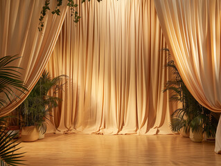 Golden draped backdrop plants natural light botanical stage event eco venue serene setting wedding elegance photography curtain background interior decoration mockup empty copy space background

