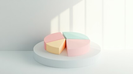 Poster - Minimalist 3D pie chart with smooth, pastel-colored segments, floating in a clean white space. Clear and modern data visualization.