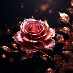 Wall Mural - pink rose with gold leaves on black background