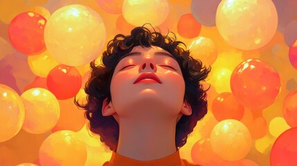 Wall Mural - A woman with eyes closed surrounded by balloons in a colorful background, AI