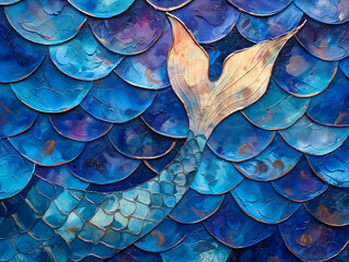 Wall Mural - A blue and gold fish tail with a blue background