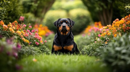 A Rottweiler rests among vibrant flowers in a lush garden.