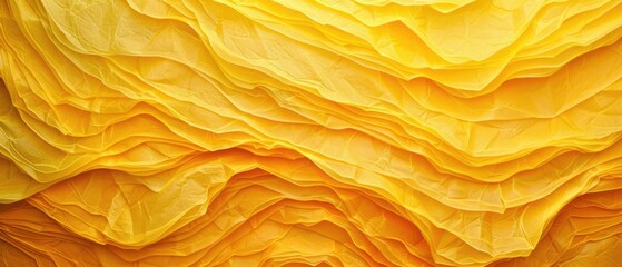 A yellow background with a wave-like pattern made of paper