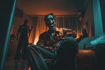 Image of an adult Halloween party, with guests dressed as classic characters like a zombie, witch, and vampire.