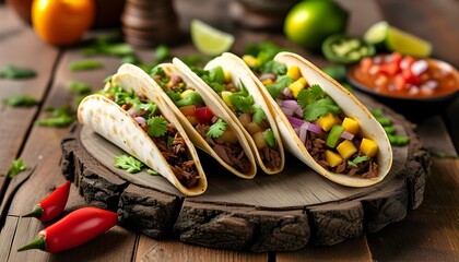 Authentic Mexican Burritos Displayed on a Rustic Wooden Board for Menu and Promotional Design