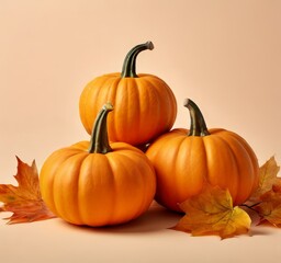 Wall Mural - three pumpkins with leaves on beige background