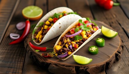 Authentic Mexican Burritos Displayed on a Rustic Wooden Board for Menu and Promotional Design