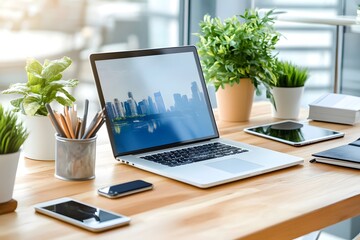 Poster - Modern Workspace with Laptop, Tablet and Smartphones.