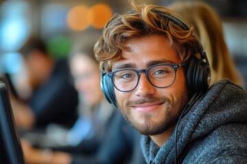 Wall Mural - Smiling Man with Headphones and Glasses