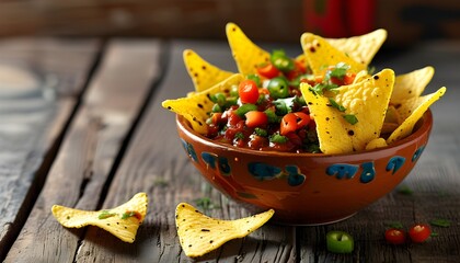 Rustic nachos with salsa dip on wooden table, celebrating traditional Mexican flavors in Latin American cuisine, perfect for menu design and advertising