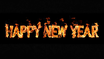 Wall Mural - happy new year word made of fire flame on black background