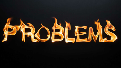 problems word made of fire flame on black background