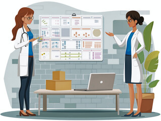 Two women in white lab coats are standing in front of a white board with a laptop on a table in front of them