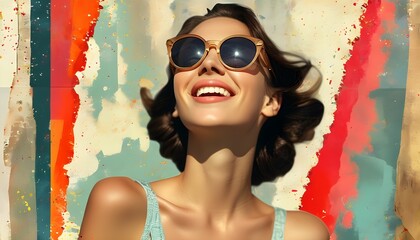 Wall Mural - Joyful woman in sunglasses set against vibrant abstract halftone backdrop, embodying summer vacation spirit with a touch of retro aesthetic for poster and print design.