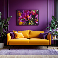 Purple walls and framed poster mockup in a modern room. This stylish living space features contemporary interior design and vibrant decor. 