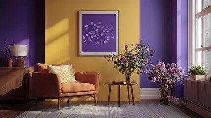 Purple walls and framed poster mockup in a modern room. This stylish living space features contemporary interior design and vibrant decor. 