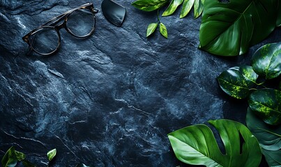 Canvas Print - Green Leaves and Glasses on a Dark Slate Surface